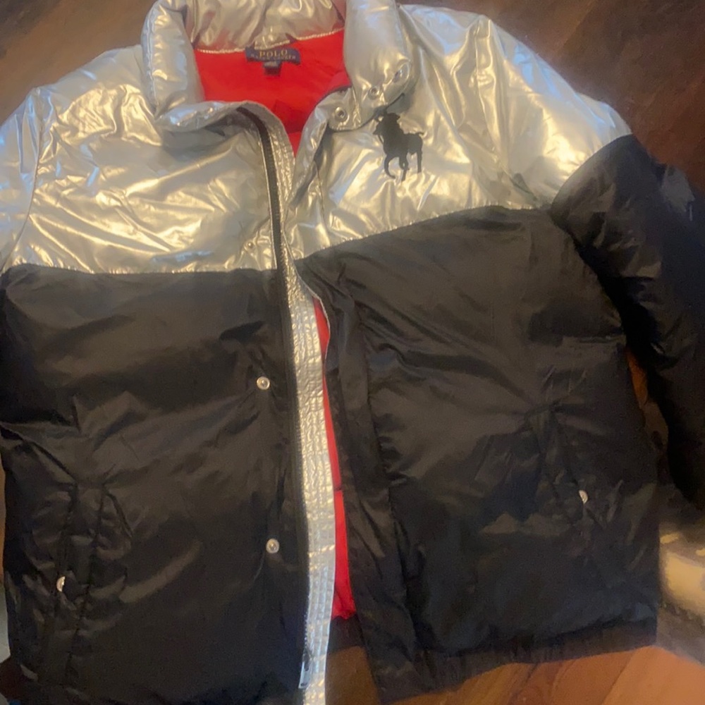 Polo Ralph Lauren Boy Metallic Ski Bear Puffer Down Jacket Silver/Black